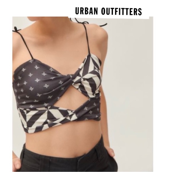 NWOT Urban Outfitters size large crop top self ties black/cream contrasting - Picture 7 of 7